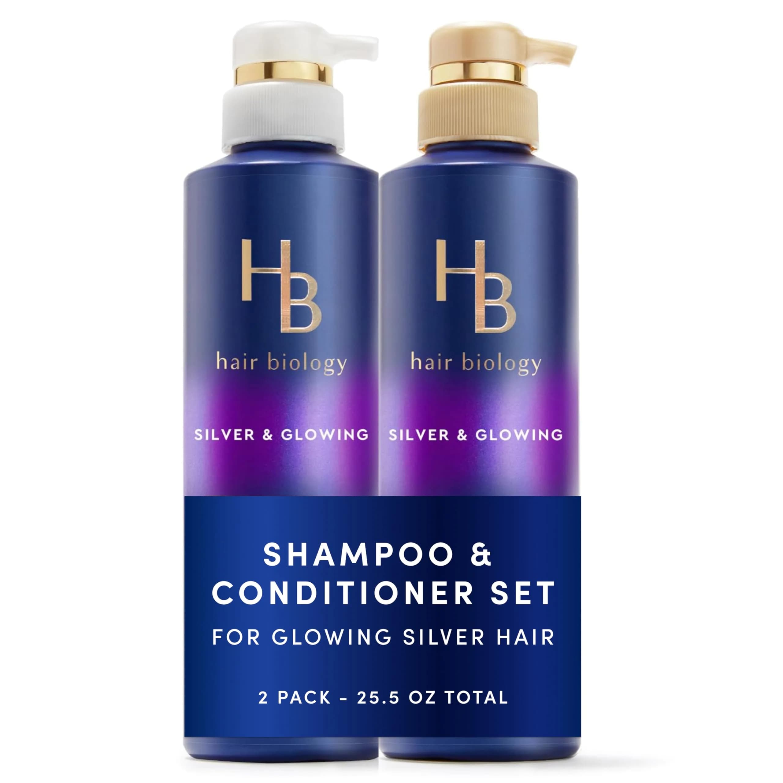 Hair Biology Biotin-Infused Purple Shampoo & Conditioner Set for Grey Hair | Anti-Brassiness, Moisturizing, Color-Safe, Silver & Glowing, 12.8 Fl Oz Each, 2 Pack — Silver Shampoo & Conditioner Set