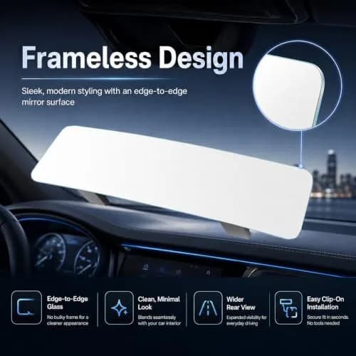 SkycropHD Wide Angle Panoramic Car Rearview Mirror, 12'' | Frameless, Convex, White thumbnail 2