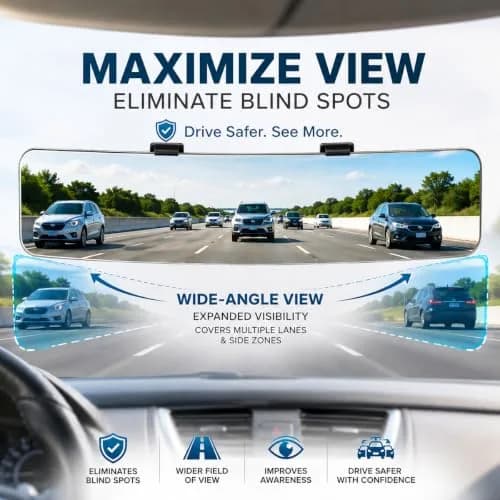 SkycropHD Wide Angle Panoramic Car Rearview Mirror, 12'' | Frameless, Convex, White thumbnail 3