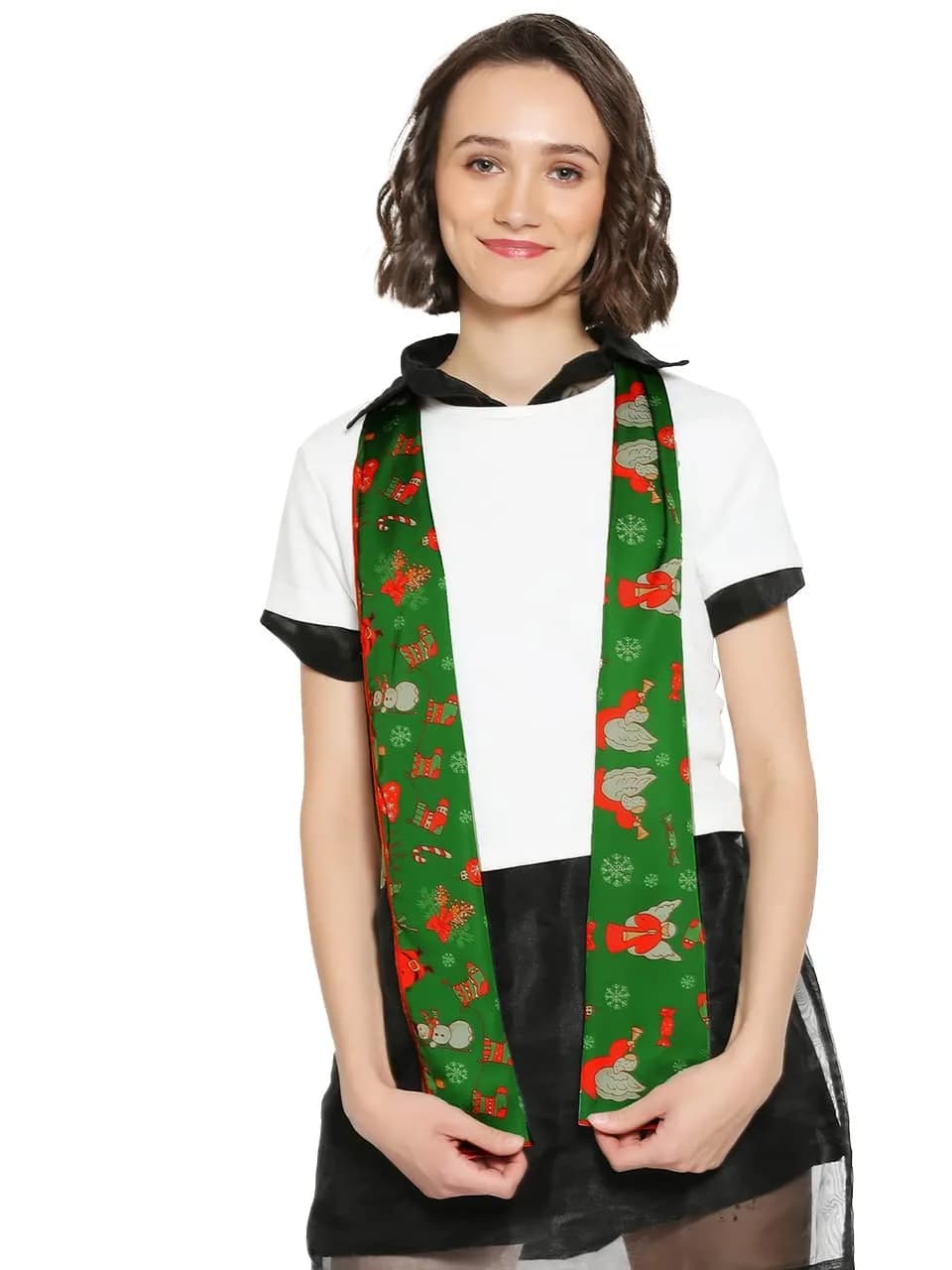 DUPATTA BAZAAR Women's Printed Green Satin Christmas Holiday Scarf 35cm (14in) x 152cm (60in) | Festive Holiday Accessory - view 4