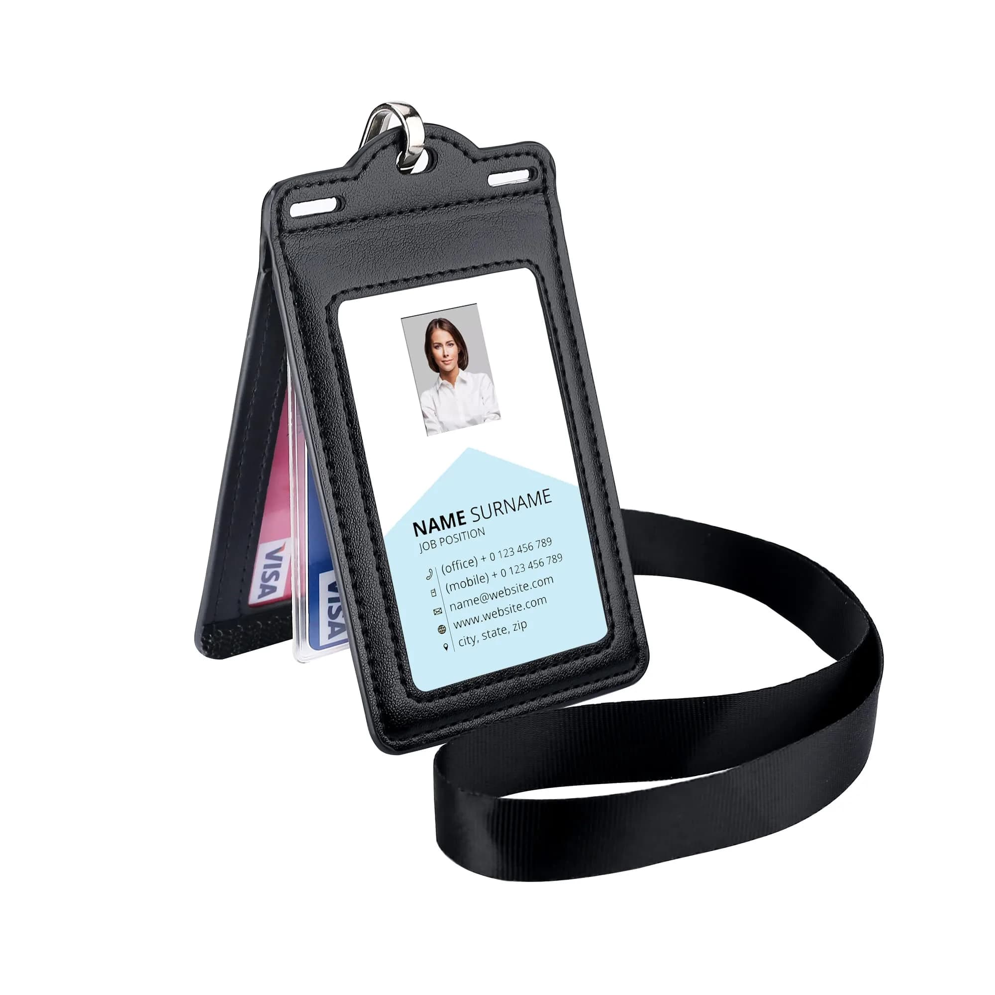 Ouessila Leather Badge Holder with Retractable Reel & 6 Card Slots | Double-Sided Clear ID Protector — Black / Vertical