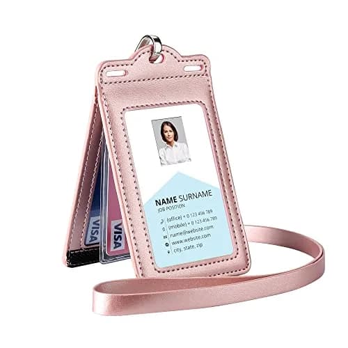 Ouessila Leather Badge Holder with Lanyard, Holds 6 Cards, Trifold ID Card Holder, Rose Gold thumbnail 1