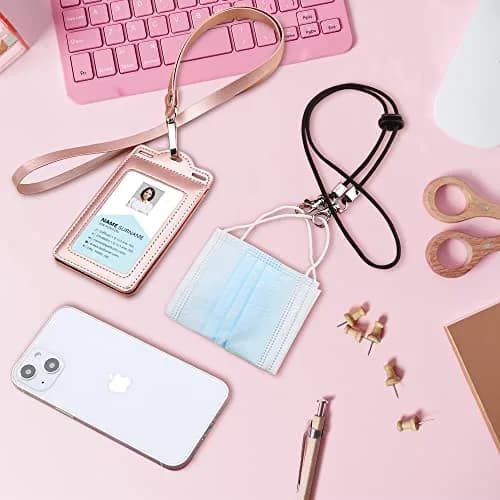 Ouessila Leather Badge Holder with Lanyard, Holds 6 Cards, Trifold ID Card Holder, Rose Gold thumbnail 5