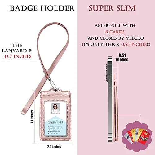 Ouessila Leather Badge Holder with Lanyard, Holds 6 Cards, Trifold ID Card Holder, Rose Gold thumbnail 3