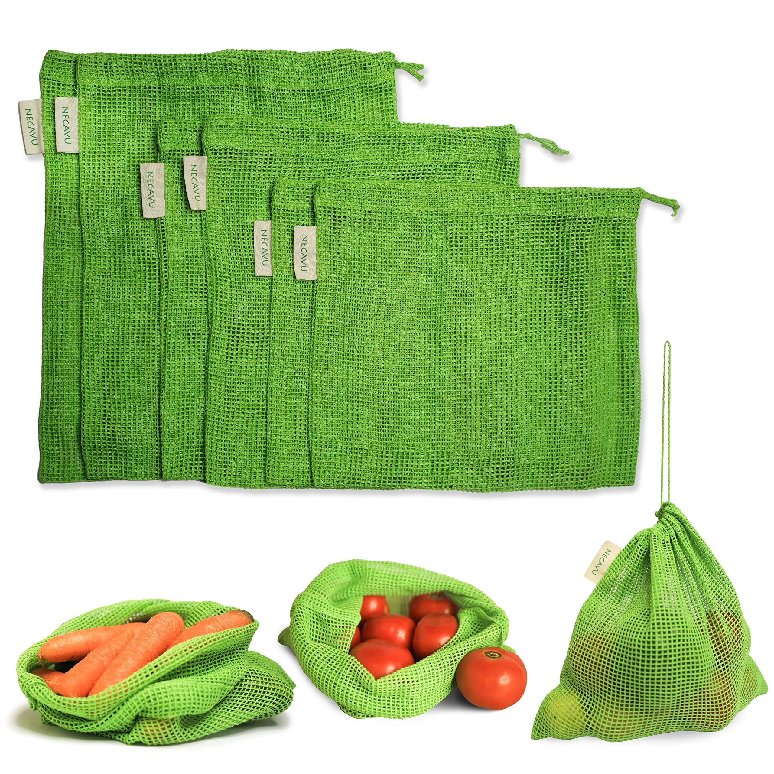 NECAVU 100% Cotton Set of 6 Fridge Bags | Eco-Friendly Vegetable Storage Bags for Fridge (Neem Green, 25cm x 25cm) - main product image