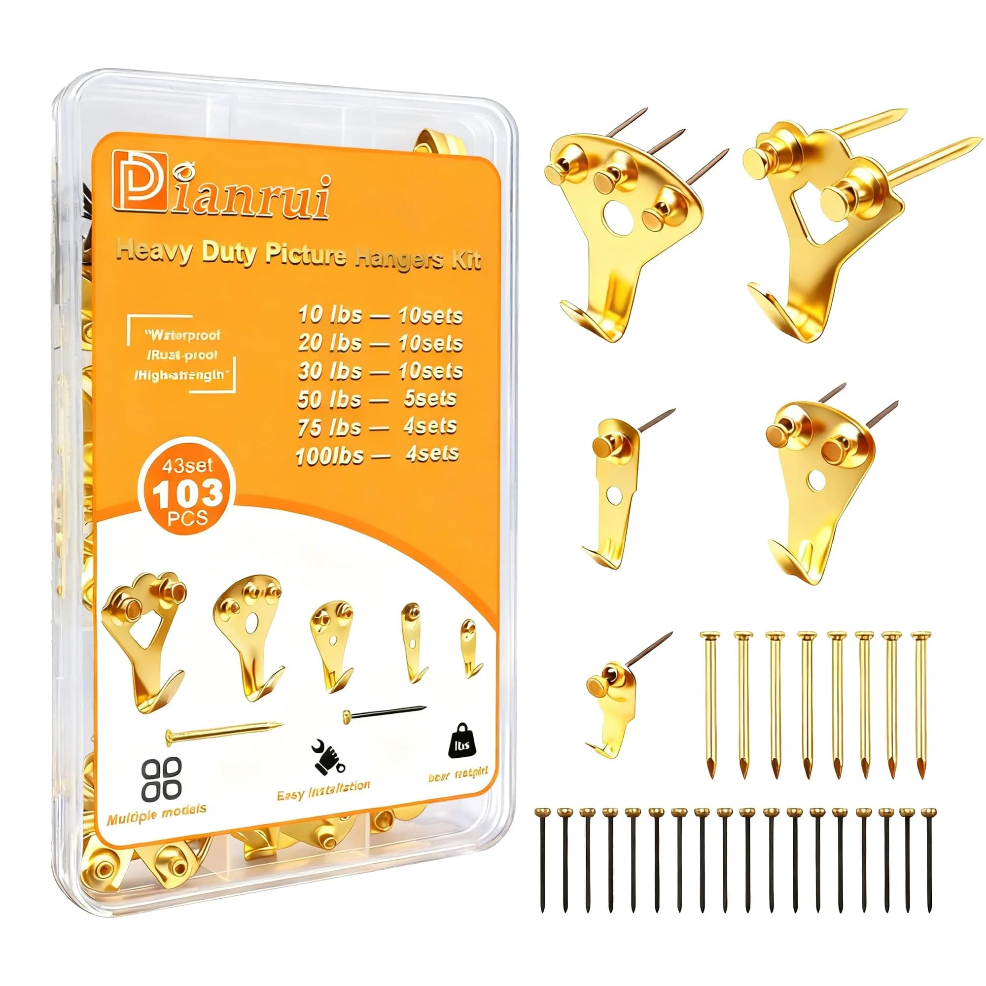 Dianrui Gold 103 PCS Heavy Duty Picture Hangers Kit | 4.5 kg (10 lb) to 45 kg (100 lb) Capacity - main product image