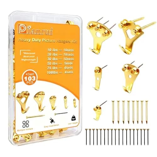 Dianrui Gold 103 PCS Heavy Duty Picture Hangers Kit | 4.5 kg (10 lb) to 45 kg (100 lb) Capacity thumbnail 1