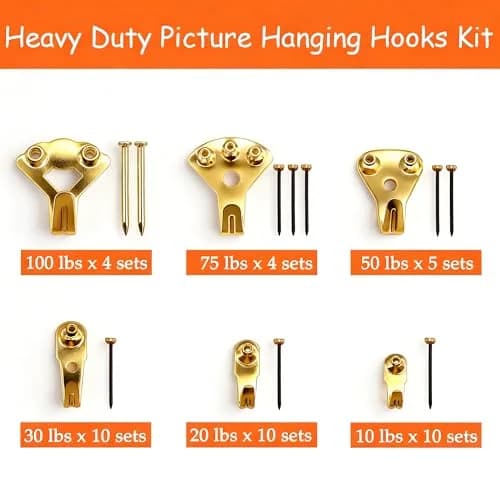 Dianrui Gold 103 PCS Heavy Duty Picture Hangers Kit | 4.5 kg (10 lb) to 45 kg (100 lb) Capacity thumbnail 2