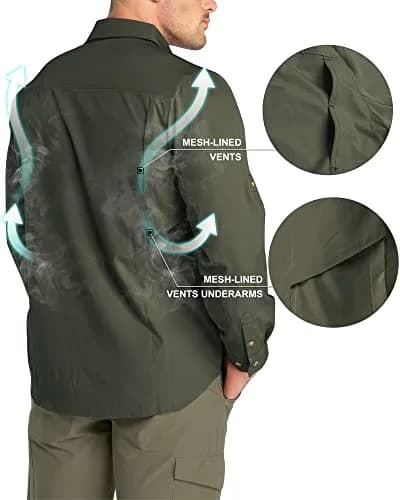 33,000ft Men's Long Sleeve Hiking Shirt UPF 50 Sun Protection 156 g (5.5 oz) Green | Quick Dry Breathable Safari Travel thumbnail 5
