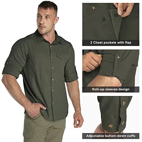 33,000ft Men's Long Sleeve Hiking Shirt UPF 50 Sun Protection 156 g (5.5 oz) Green | Quick Dry Breathable Safari Travel thumbnail 6