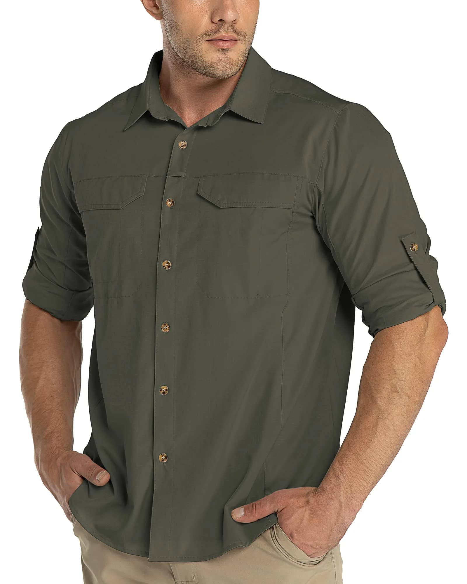33,000ft Men's Long Sleeve Hiking Shirt UPF 50 Sun Protection 156 g (5.5 oz) Green | Quick Dry Breathable Safari Travel - main product image