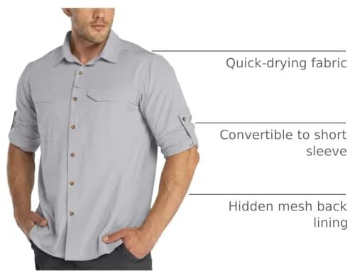 33,000ft Men's Long Sleeve Hiking Shirts Lightweight Quick Dry Sun Protection UV UPF 50 Silver Grey thumbnail 4