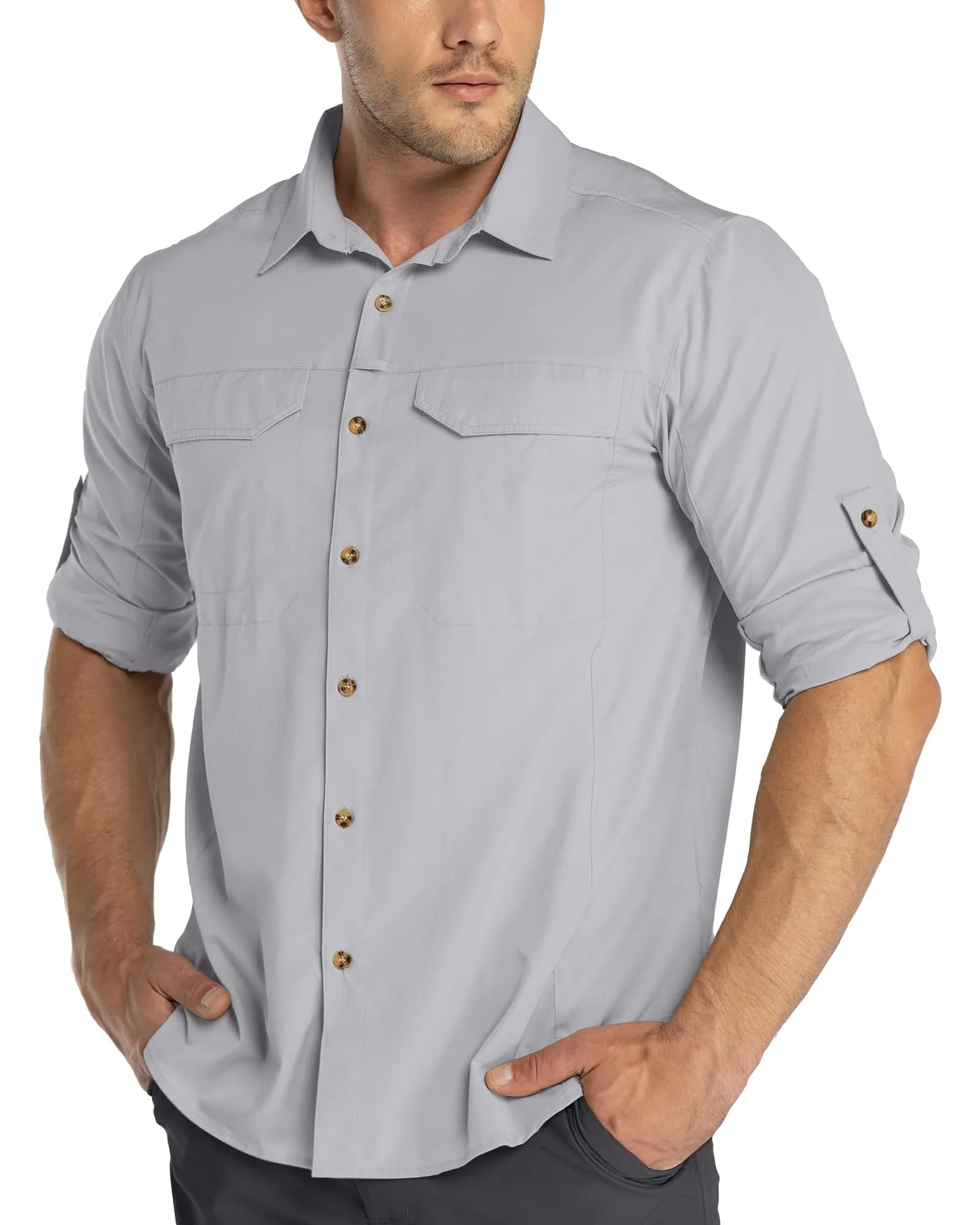 33,000ft Men's Long Sleeve Hiking Shirt UPF 50 Sun Protection Quick Dry Safari Style | Silver Grey Medium - main product image