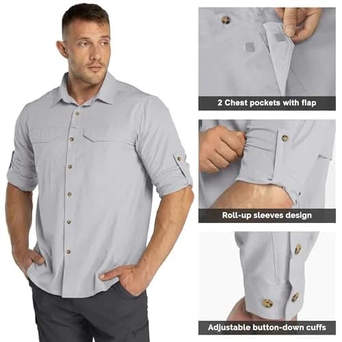 33,000ft Men's Long Sleeve Hiking Shirt UPF 50 Sun Protection Quick Dry Safari Style | Silver Grey Medium thumbnail 6