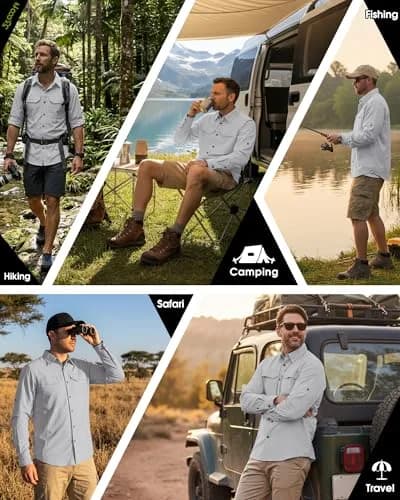 33,000ft Men's Long Sleeve Hiking Shirt UPF 50 Sun Protection Quick Dry Safari Style | Silver Grey Medium thumbnail 2