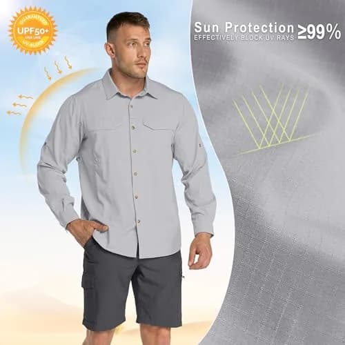 33,000ft Men's Long Sleeve Hiking Shirt UPF 50 Sun Protection Quick Dry Safari Style | Silver Grey Medium thumbnail 3
