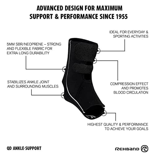 Rehband Black QD Ankle Support Brace with Adjustable Fit, 5mm Neoprene Ankle Compression Sleeve (X-Small) thumbnail 5