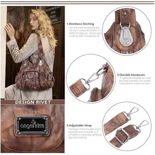 Angel Kiss Large Hobo Handbag for Women Brown | Soft PU Leather, Multi-Pocket Organizer thumbnail 5