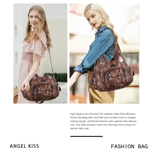 Angel Kiss Large Hobo Handbag for Women Brown | Soft PU Leather, Multi-Pocket Organizer thumbnail 2