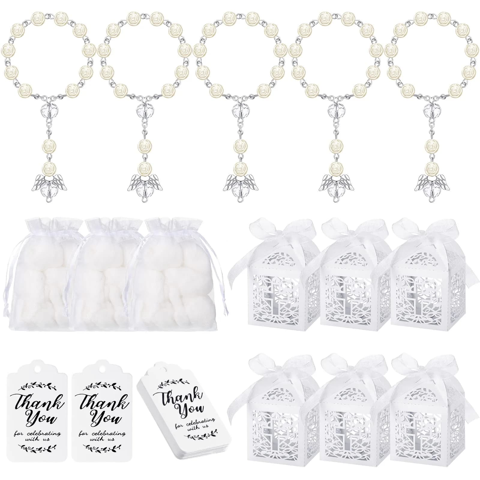 MTLEE 100 Pcs Baptism Rosary Set with Gift Boxes, Organza Bags & Thank You Tags | First Communion Favors - main product image