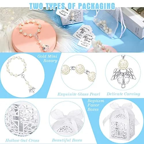 MTLEE 100 Pcs Baptism Rosary Set with Gift Boxes, Organza Bags & Thank You Tags | First Communion Favors thumbnail 3