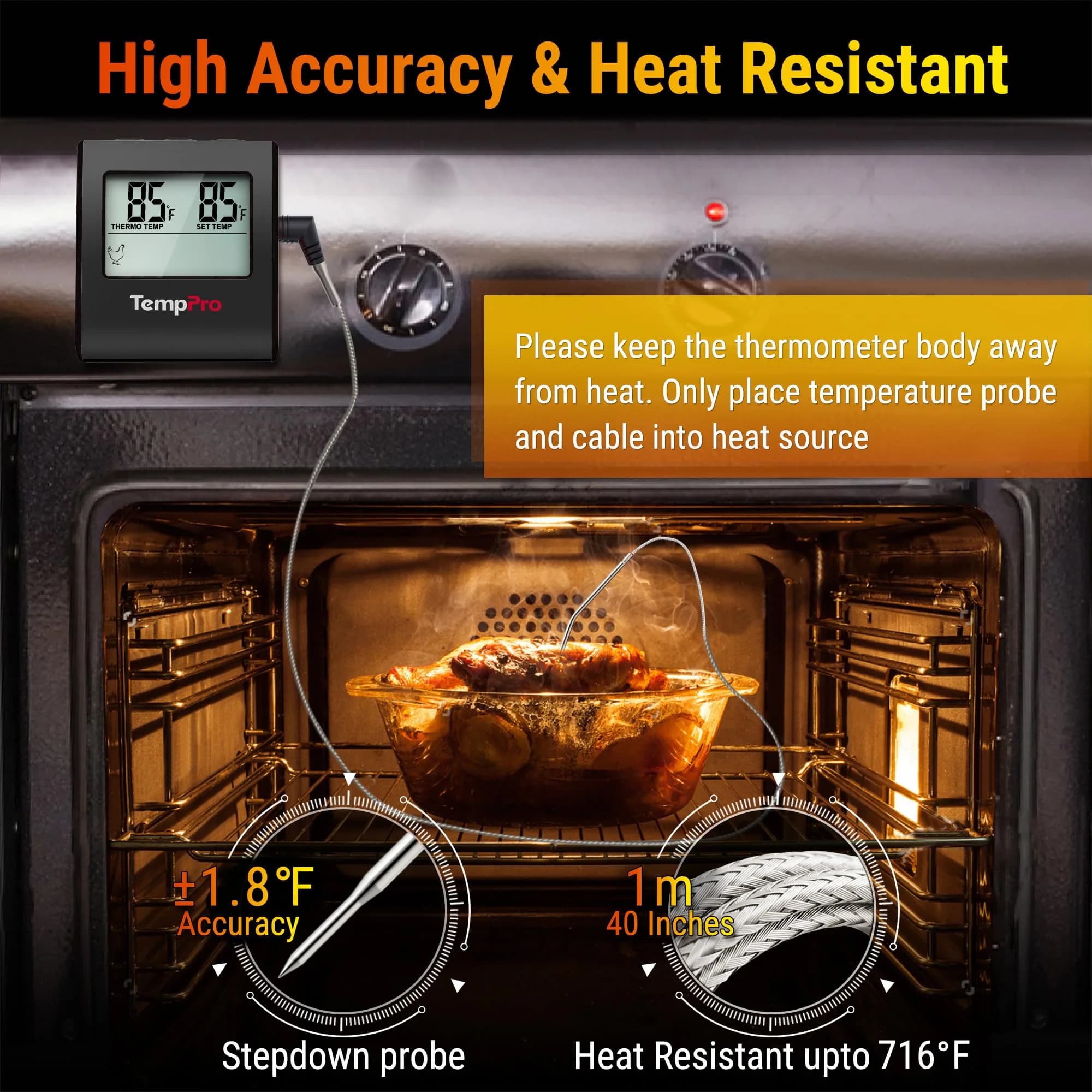 TempPro TP16 Digital Meat Thermometer for Cooking | 0-300°C (32-716°F) Probe - view 3