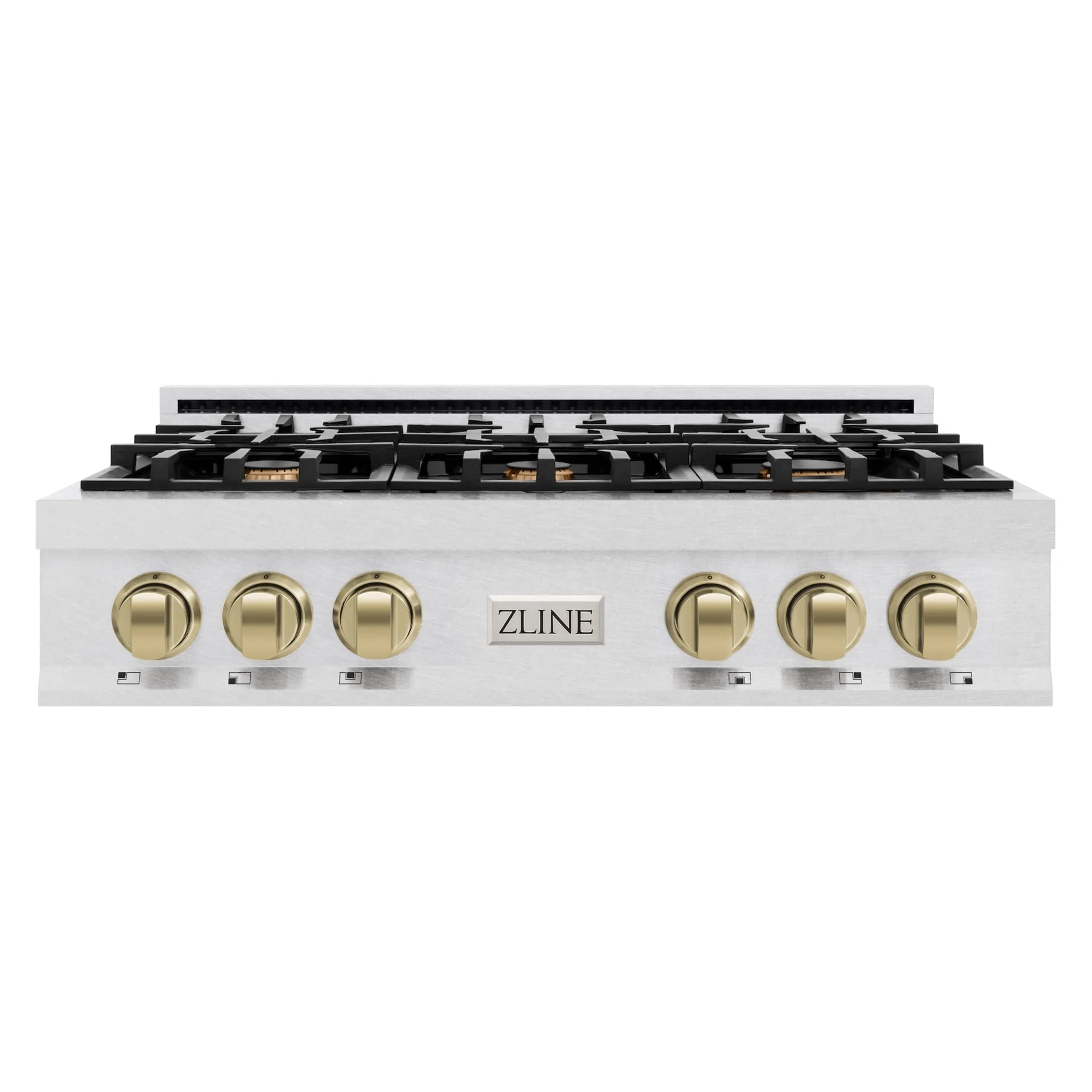 ZLINE 36 in. Legacy Gas Rangetop with 6 Burners & Porcelain Cooktop in Satin Stainless Steel | Champagne Bronze Accents