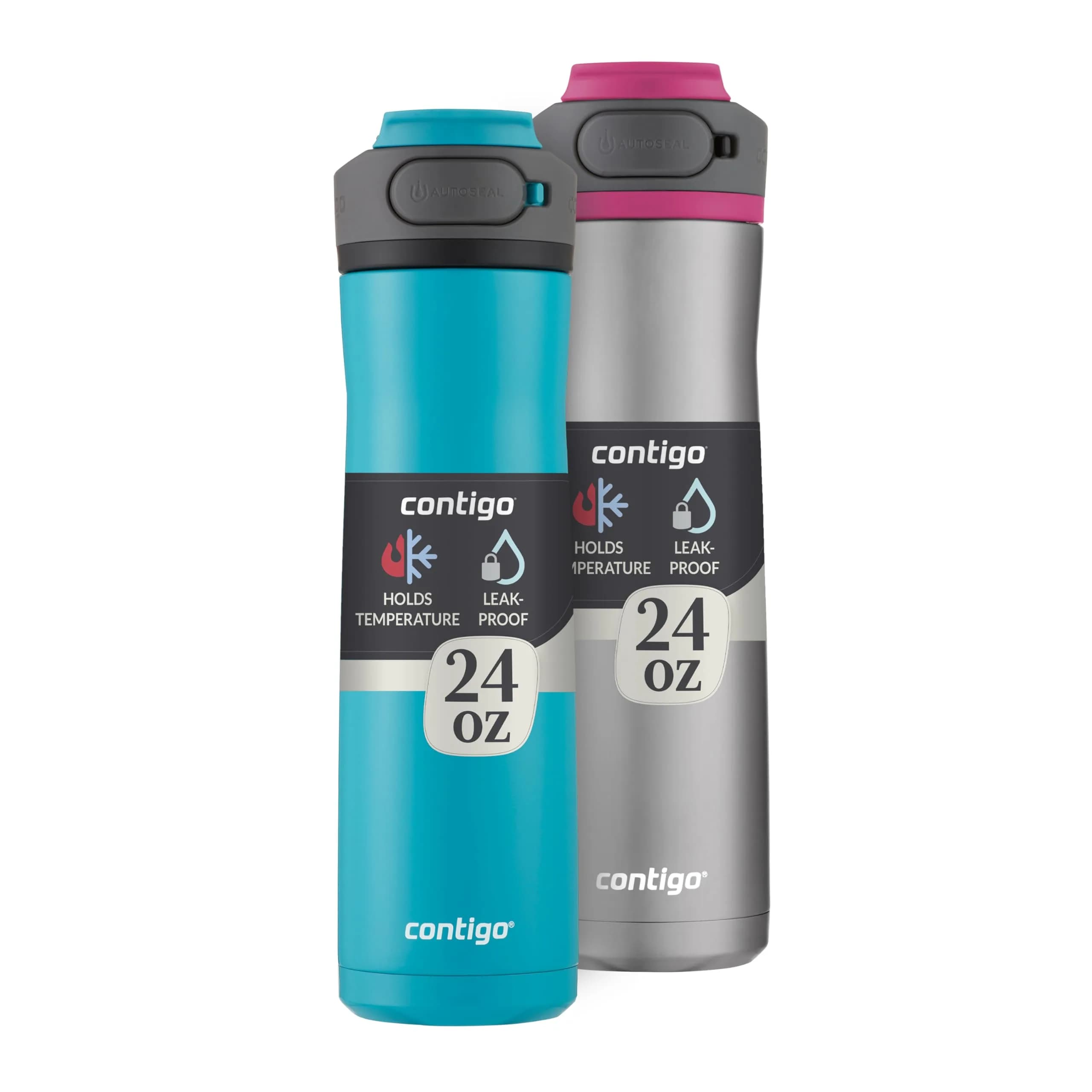 Contigo Cortland Chill 2.0 Stainless Steel Water Bottle 24oz | Double Wall Vacuum Insulated, Spill-Proof, 2-Count — Juniper & Steel/Dragonfruit