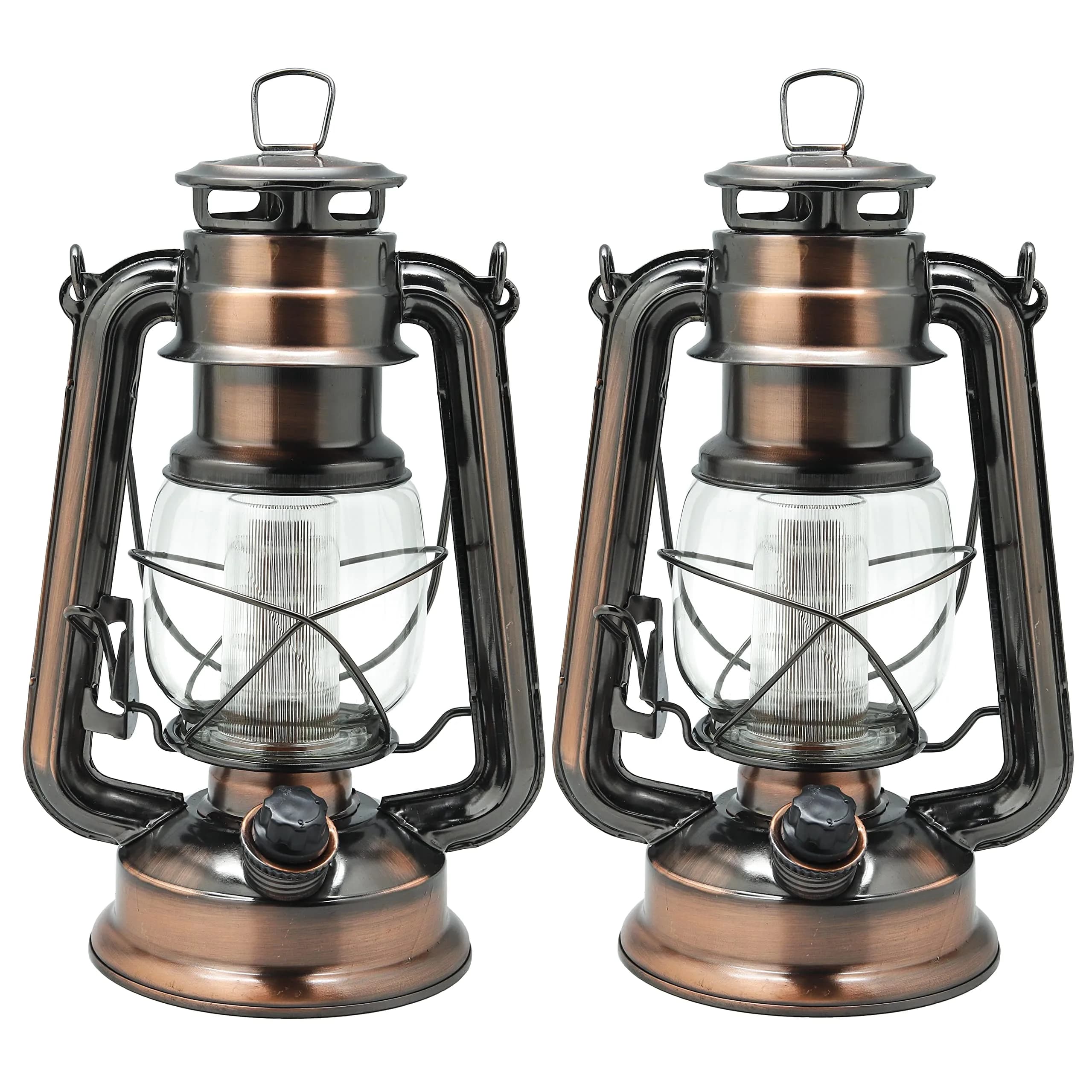 YAKii Vintage LED Hurricane Lantern 4.7"x9.5" (Copper 2 Pack) | Battery Operated Dimmer Switch for Rustic Ambiance — Antique
