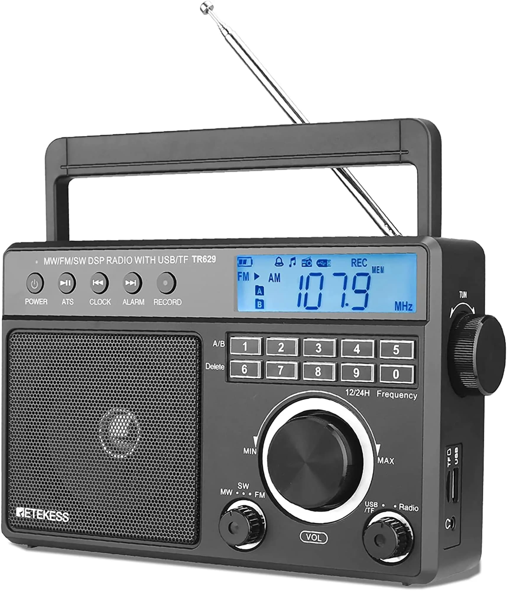 Retekess TR629 Portable Shortwave Radio with Digital AM FM SW, LCD Backlight, Alarm, Recorder, Black — TR629