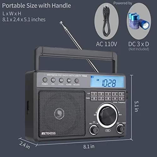 Retekess TR629 Portable Shortwave Radio with Digital AM FM SW, LCD Backlight, Alarm, Recorder, Black thumbnail 7