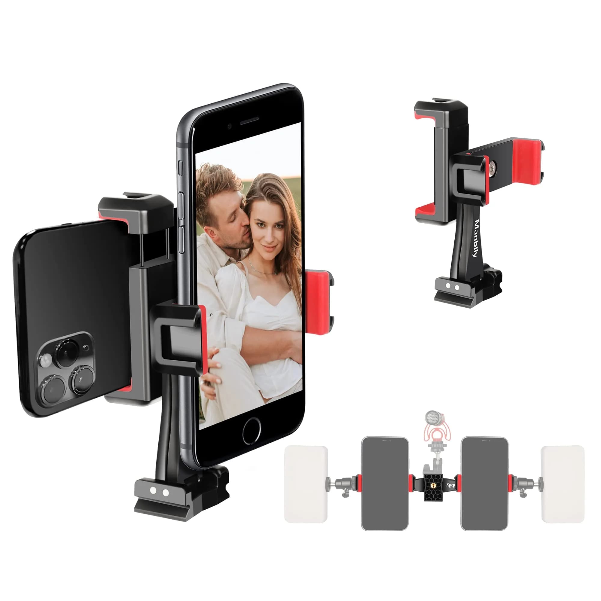 Manbily Dual Phone Tripod Mount Adapter with 4 Cold Shoe Mounts & 1/4" Threads | Holds 2 Phones 10-19cm (4-7.5") - main product image