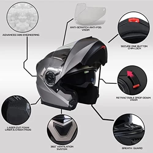 Milwaukee Helmets MPH9808DOT 'Ionized' Silver Motorcycle Modular Helmet 2X-Large | DOT Approved thumbnail 2