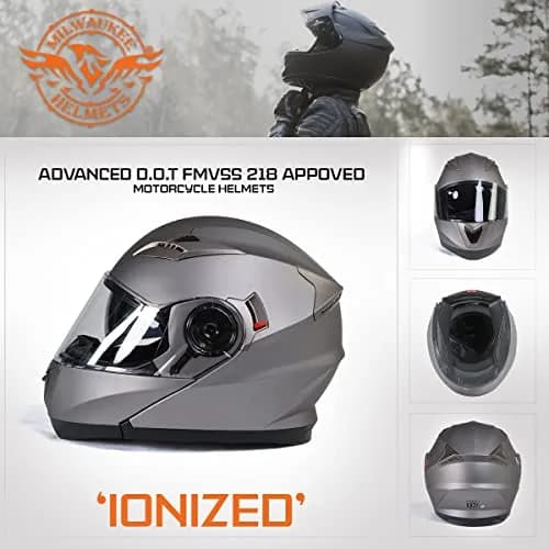 Milwaukee Helmets MPH9808DOT 'Ionized' Silver Motorcycle Modular Helmet X-Large | DOT Approved, Drop Down Visor thumbnail 7