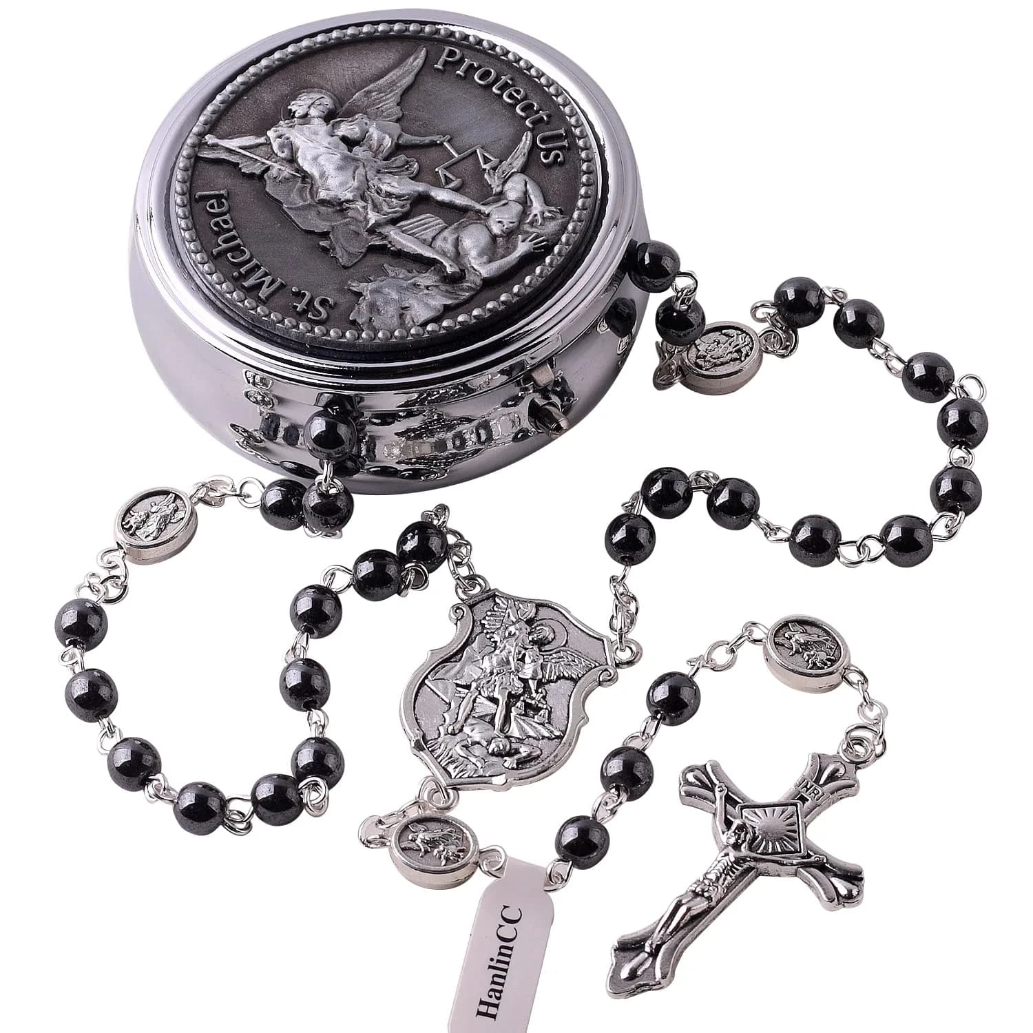 HanlinCC Catholic Rosary Saint Michael Hematite Bead Necklace with Gift Box | 20.8-inch Black Hematite Beads for Men — Black