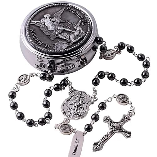 HanlinCC Catholic Rosary Saint Michael Hematite Bead Necklace with Gift Box | 20.8-inch Black Hematite Beads for Men thumbnail 1