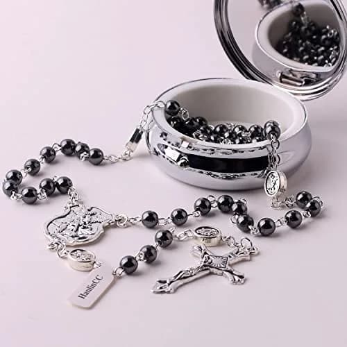 HanlinCC Catholic Rosary Saint Michael Hematite Bead Necklace with Gift Box | 20.8-inch Black Hematite Beads for Men thumbnail 4