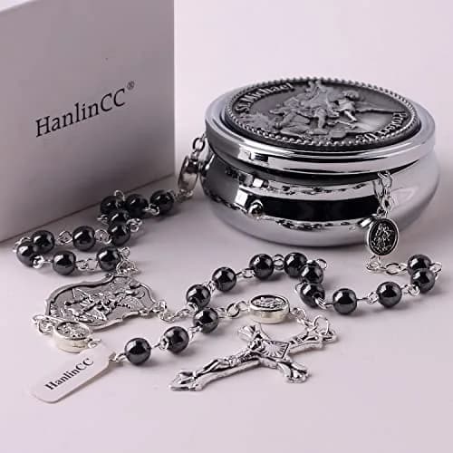 HanlinCC Catholic Rosary Saint Michael Hematite Bead Necklace with Gift Box | 20.8-inch Black Hematite Beads for Men thumbnail 5