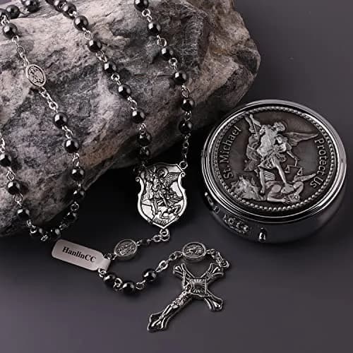 HanlinCC Catholic Rosary Saint Michael Hematite Bead Necklace with Gift Box | 20.8-inch Black Hematite Beads for Men thumbnail 6