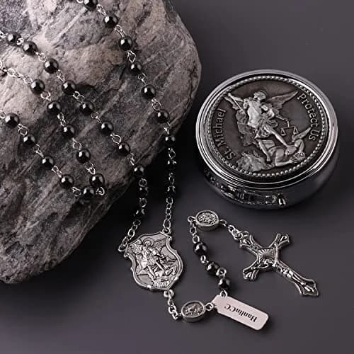 HanlinCC Catholic Rosary Saint Michael Hematite Bead Necklace with Gift Box | 20.8-inch Black Hematite Beads for Men thumbnail 7