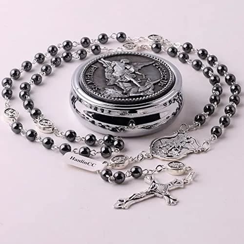 HanlinCC Catholic Rosary Saint Michael Hematite Bead Necklace with Gift Box | 20.8-inch Black Hematite Beads for Men thumbnail 3