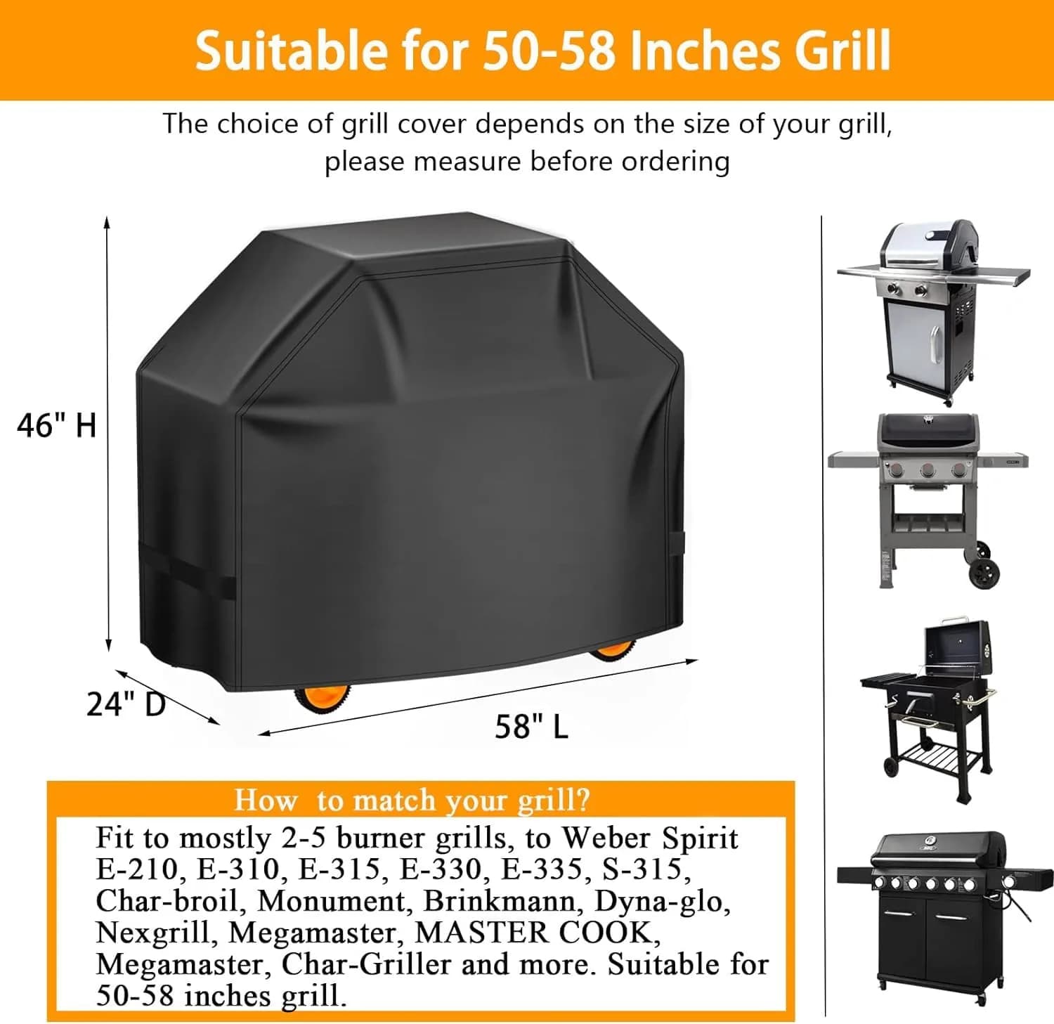 Aoretic 58 inch BBQ Grill Cover | Waterproof, Anti-UV, Windproof Polyester for Weber, Char-Broil, Monument, Dyna-glo, Nexgrill - view 2