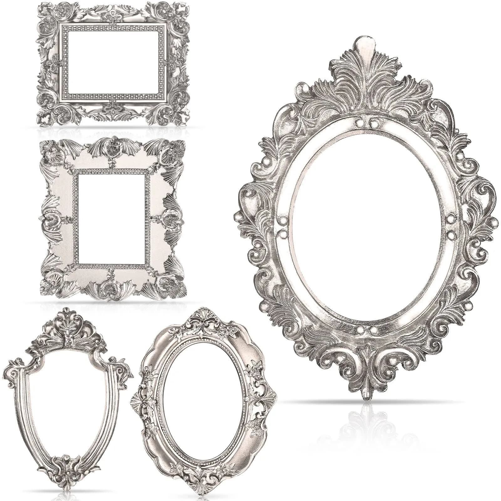 Yalikop Vintage Ornate Resin Picture Frames Set of 5 | 12.5cm x 10.16cm (4.92 x 4 in) Gold White Silver — Silver