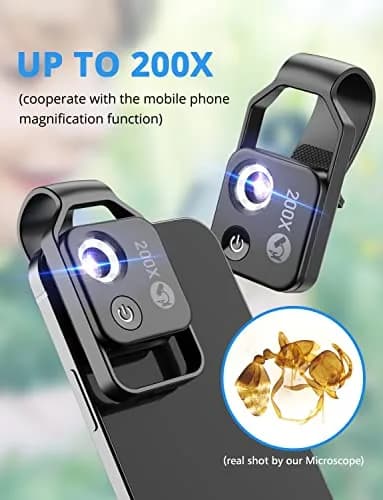 Evil eye 200X Phone Mini Pocket Microscope with LED Light/Universal Clip | Nano Zoom Portable Digital Microscope for Smartphone (Black 200X with CPL) thumbnail 2