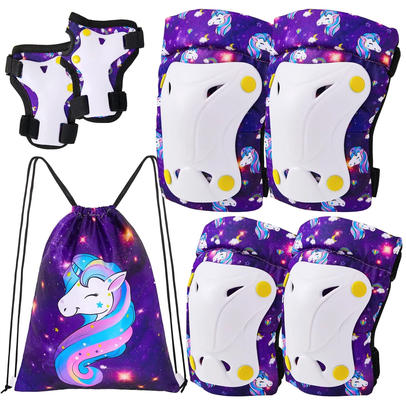 FIODAY Kids Protective Gear Set with Drawstring Bag, Small (Purple) | Knee Pads, Elbow Pads, Wrist Guards for Ages 3-8