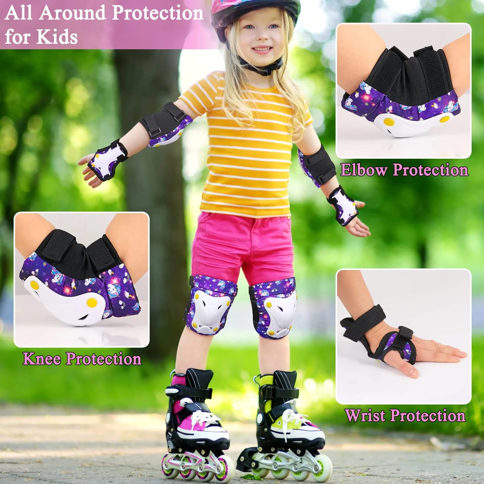FIODAY Kids Protective Gear Set with Drawstring Bag, Small (Purple) | Knee Pads, Elbow Pads, Wrist Guards for Ages 3-8 - view 2
