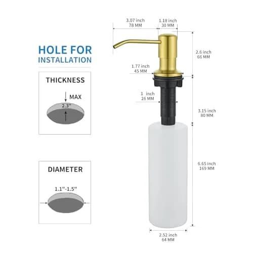DOILIESE Gold Brushed Stainless Steel Built-in Soap Dispenser 500ml (17 Fl Oz) | Refillable Countertop Pump for Kitchen Sinks thumbnail 5