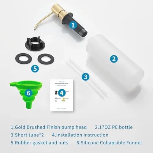 DOILIESE Gold Brushed Stainless Steel Built-in Soap Dispenser 500ml (17 Fl Oz) | Refillable Countertop Pump for Kitchen Sinks thumbnail 7