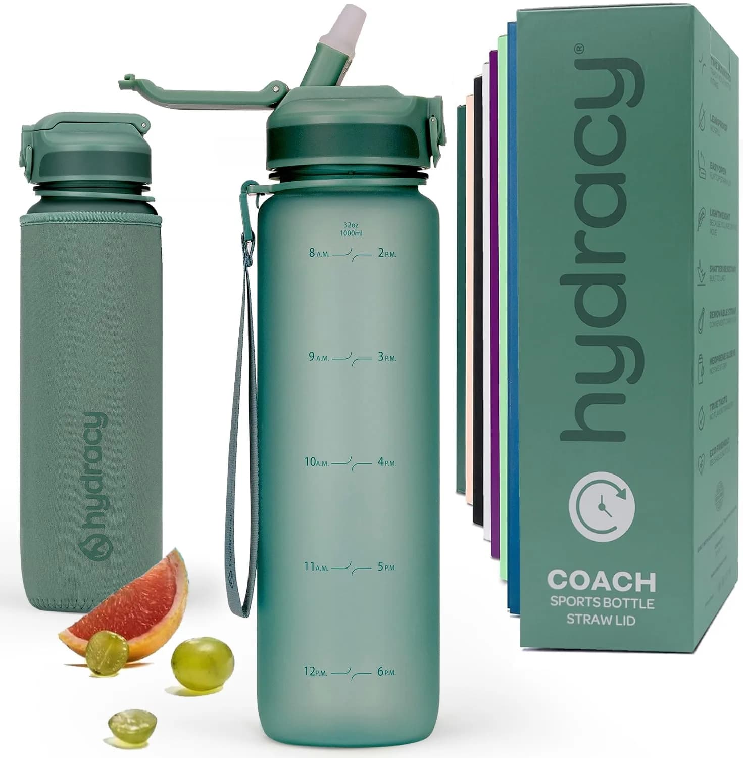 Hydracy Motivational Water Bottle with Time Marker and Straw Lid 32 oz | Leakproof, BPA-Free, 1000ml, Sport/fitness hydration — Moonlight Green