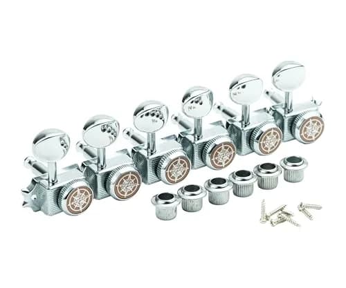 Guyker 6 Inline Vintage Guitar Locking Tuners, 9mm Hole Diameter | Chrome Plated Metal Machine Heads for Electric & Acoustic Guitars (6-Piece Set) thumbnail 2